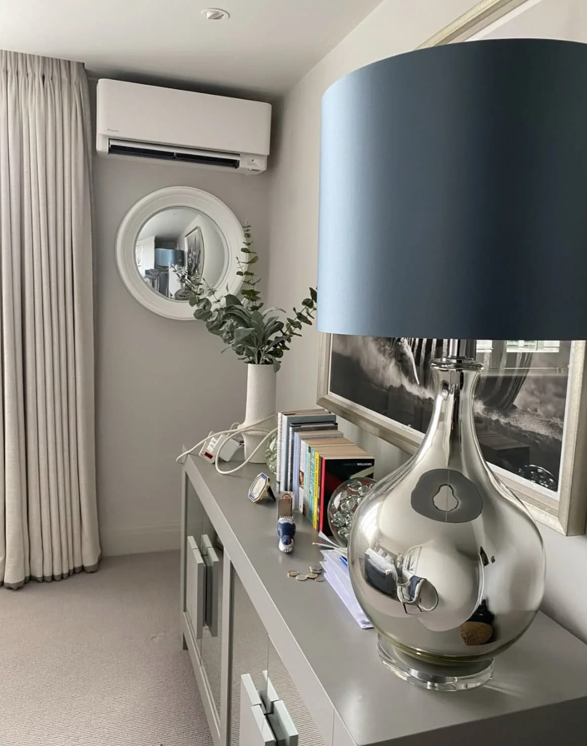 Daikin wall-mounted air conditioning unit installed in a bedroom in Hitchin, Hertfordshire